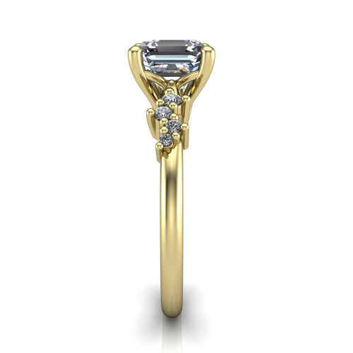 Georgia square emerald-cut classic engagement ring in 14K Yellow Gold, side profile showing the cluster accents, basket gallery, and slim band in side view