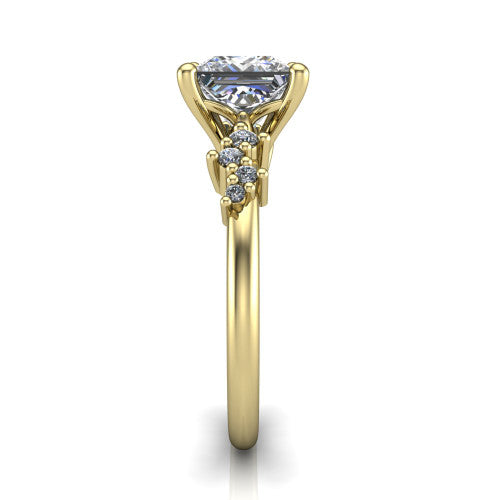 Georgia princess-cut classic engagement ring in 18K Yellow Gold, side profile showing the cluster accents, basket gallery, and slim band in side view