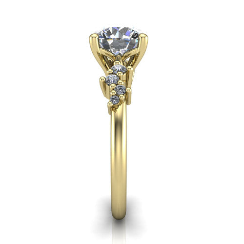Georgia round classic engagement ring in 14K Yellow Gold, side profile showing the cluster accents, basket gallery, and slim band in side view
