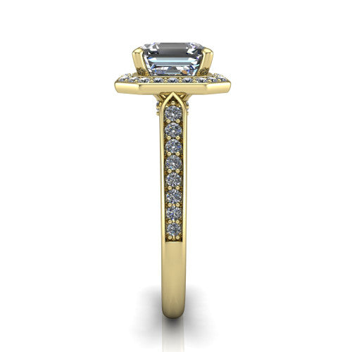 square emerald halo ring, 14k yellow gold