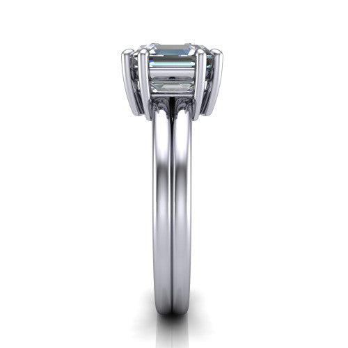 Lainey square emerald-cut solitaire engagement ring in Platinum, side profile showing the prong head, polished tapered band, and comfort-fit profile