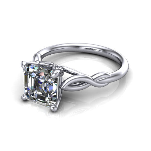 Ember square emerald solitaire engagement ring in 18K White Gold — three-quarter perspective showing the step-cut square emerald center diamond, 4-prong setting, and twisted infinity rope shank