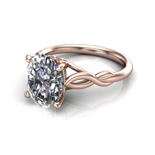 Ember oval solitaire engagement ring in 14K Rose Gold — three-quarter perspective showing the brilliant oval center diamond, 4-prong setting, and twisted infinity rope shank