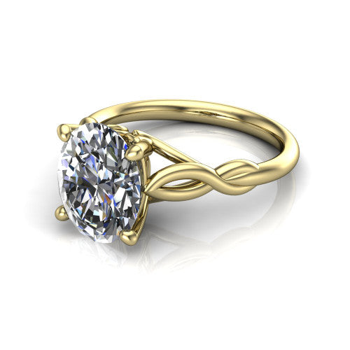 Ember oval solitaire engagement ring in 14K Yellow Gold — three-quarter perspective showing the brilliant oval center diamond, 4-prong setting, and twisted infinity rope shank