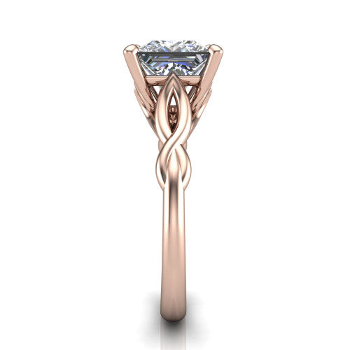 Ember princess solitaire engagement ring in 18K Rose Gold — side profile showing the twisted infinity rope shank flowing into the cathedral gallery and 4-prong setting