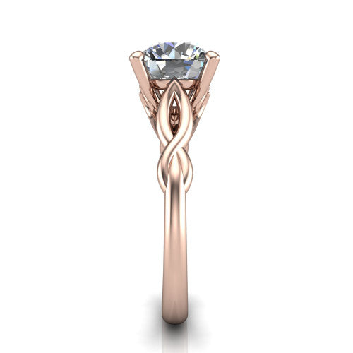 Ember round solitaire engagement ring in 18K Rose Gold — side profile showing the twisted infinity rope shank flowing into the cathedral gallery and 4-prong setting