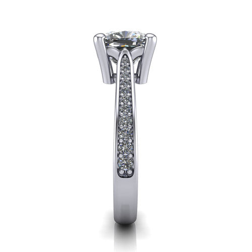 Myla cushion classic engagement ring in 14K White Gold, side profile showing the pave band, cathedral profile, and comfort-fit shank
