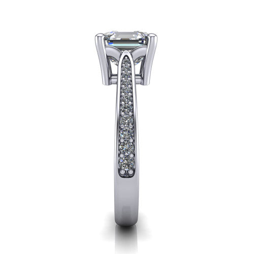 Myla square emerald-cut classic engagement ring in Platinum, side profile showing the pave band, cathedral profile, and comfort-fit shank