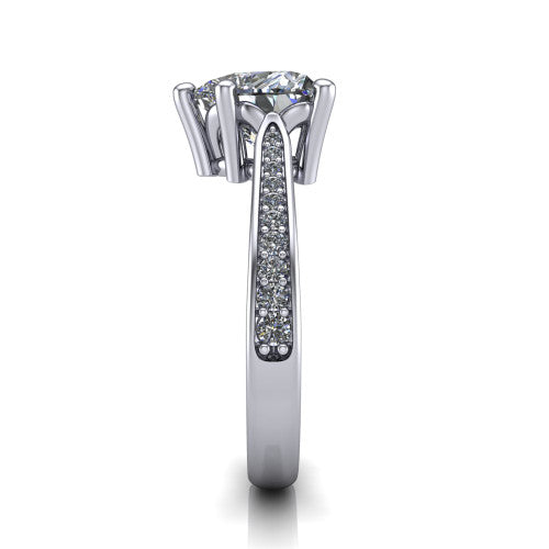 Myla heart classic engagement ring in 18K White Gold, side profile showing the pave band, cathedral profile, and comfort-fit shank