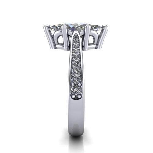 Myla marquise classic engagement ring in 14K White Gold, side profile showing the pave band, cathedral profile, and comfort-fit shank