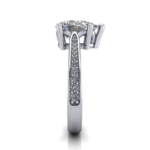 Myla pear classic engagement ring in Platinum, side profile showing the pave band, cathedral profile, and comfort-fit shank