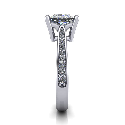 Myla princess-cut classic engagement ring in Platinum, side profile showing the pave band, cathedral profile, and comfort-fit shank
