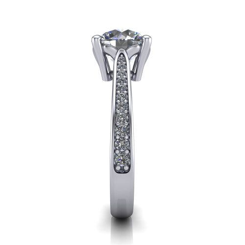 Myla round solitaire engagement ring in Platinum, side profile showing the pave band, cathedral profile, and comfort-fit shank