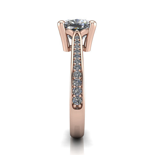 Myla cushion classic engagement ring in 18K Rose Gold, side profile showing the pave band, cathedral profile, and comfort-fit shank