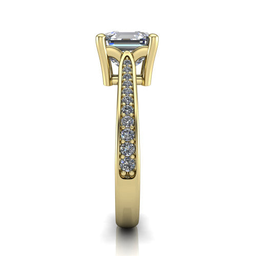 Myla square emerald-cut classic engagement ring in 18K Yellow Gold, side profile showing the pave band, cathedral profile, and comfort-fit shank