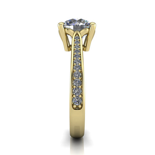 Myla round solitaire engagement ring in 14K Yellow Gold, side profile showing the pave band, cathedral profile, and comfort-fit shank