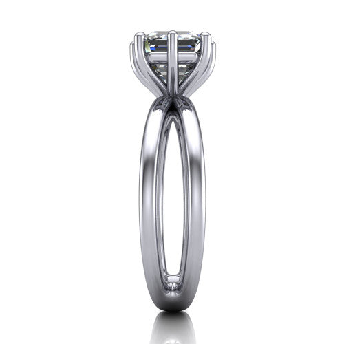 Rain square emerald-cut classic engagement ring in Platinum, side profile showing the split twin-rail band in side view