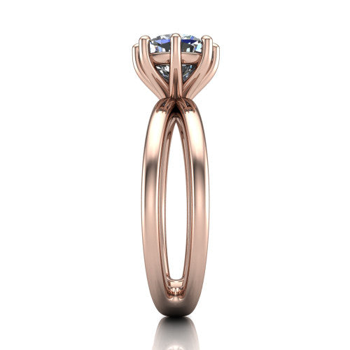 Rain cushion classic engagement ring in 18K Rose Gold, side profile showing the split twin-rail band in side view