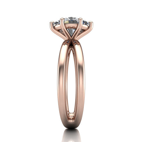 Rain oval classic engagement ring in 14K Rose Gold, side profile showing the split twin-rail band in side view
