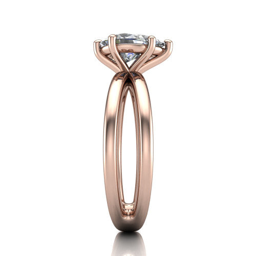 Rain pear classic engagement ring in 14K Rose Gold, side profile showing the split twin-rail band in side view