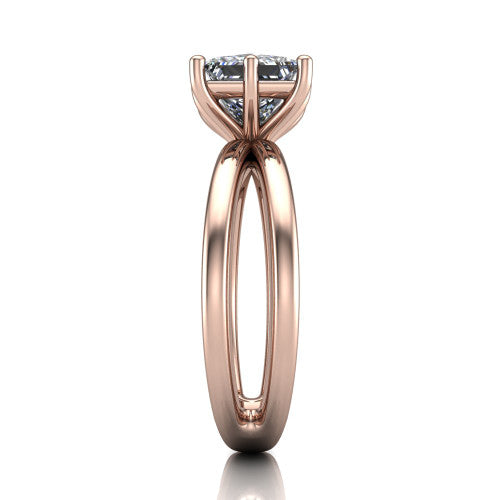Rain princess-cut classic engagement ring in 18K Rose Gold, side profile showing the split twin-rail band in side view