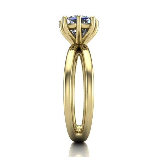 Rain cushion classic engagement ring in 18K Yellow Gold, side profile showing the split twin-rail band in side view