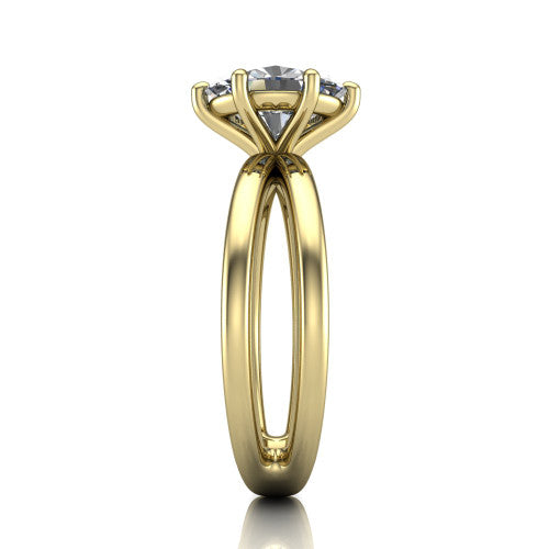 Rain oval classic engagement ring in 14K Yellow Gold, side profile showing the split twin-rail band in side view