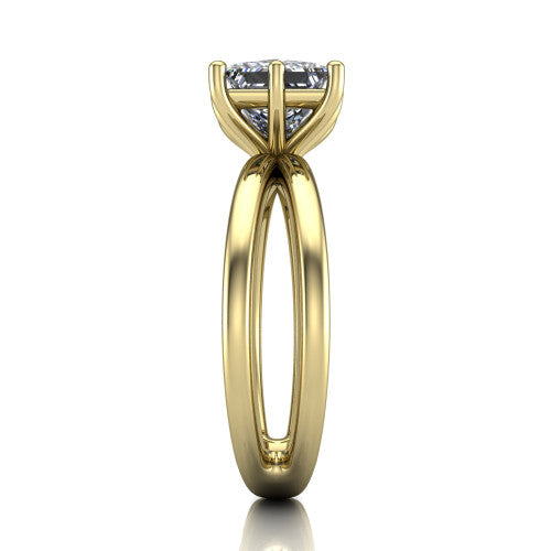 Rain princess-cut classic engagement ring in 14K Yellow Gold, side profile showing the split twin-rail band in side view