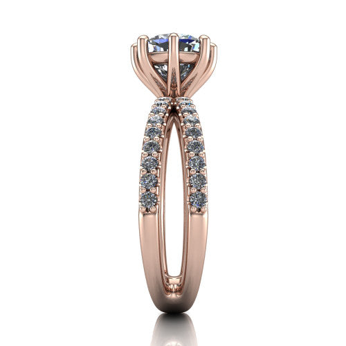 Stormy cushion classic engagement ring in 14K Rose Gold, side profile showing the split pave band and six-prong profile in side view