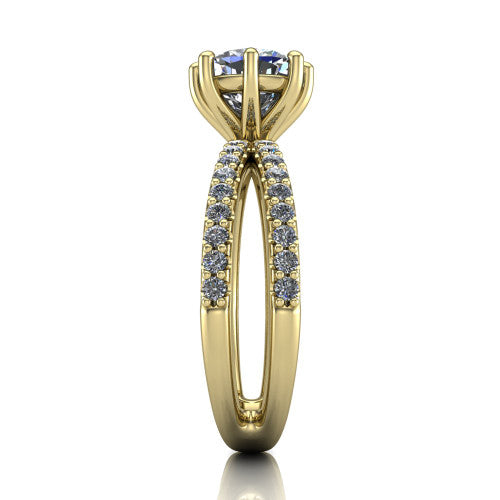 Stormy cushion classic engagement ring in 18K Yellow Gold, side profile showing the split pave band and six-prong profile in side view