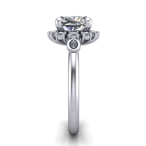 June cushion halo engagement ring in 18K White Gold, side profile showing the cluster halo, bezel accents, and slim band in side view