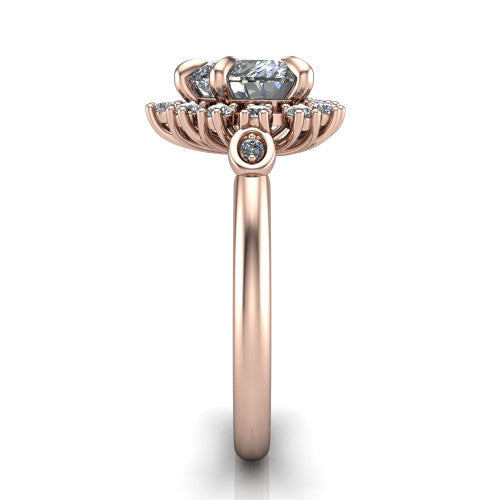 June heart halo engagement ring in 18K Rose Gold, side profile showing the cluster halo, bezel accents, and slim band in side view