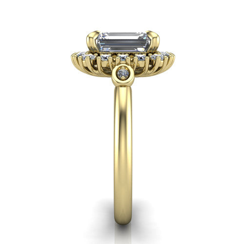 June emerald-cut halo engagement ring in 14K Yellow Gold, side profile showing the cluster halo, bezel accents, and slim band in side view