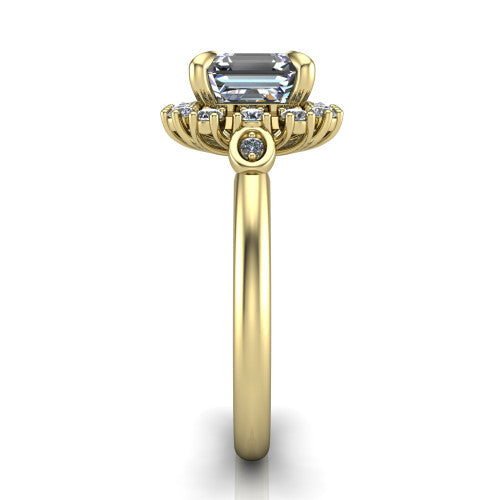June square emerald-cut halo engagement ring in 18K Yellow Gold, side profile showing the cluster halo, bezel accents, and slim band in side view