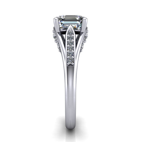 Blakely square emerald-cut solitaire engagement ring in Platinum, side profile showing the split-shank pave band and filigree scrollwork in side view