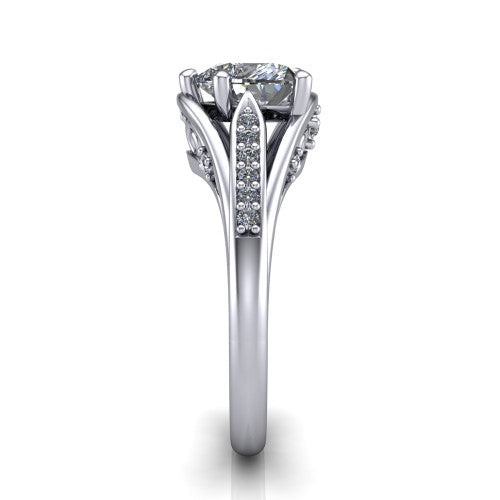 Blakely heart solitaire engagement ring in 14K White Gold, side profile showing the split-shank pave band and filigree scrollwork in side view
