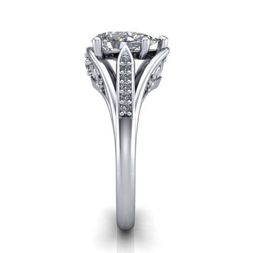 Blakely pear solitaire engagement ring in 14K White Gold, side profile showing the split-shank pave band and filigree scrollwork in side view