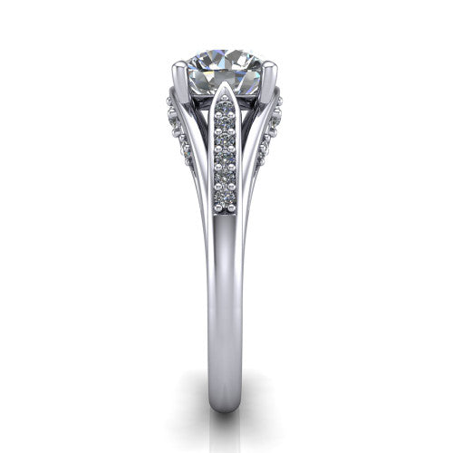 Blakely round solitaire engagement ring in Platinum, side profile showing the split-shank pave band and filigree scrollwork in side view