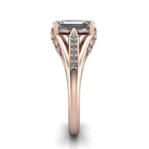 Blakely emerald-cut solitaire engagement ring in 18K Rose Gold, side profile showing the split-shank pave band and filigree scrollwork in side view