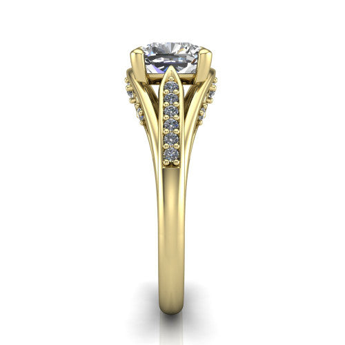 Blakely cushion solitaire engagement ring in 14K Yellow Gold, side profile showing the split-shank pave band and filigree scrollwork in side view