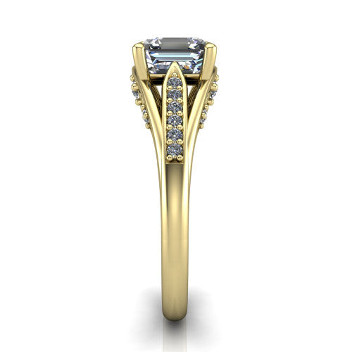 Blakely square emerald-cut solitaire engagement ring in 14K Yellow Gold, side profile showing the split-shank pave band and filigree scrollwork in side view