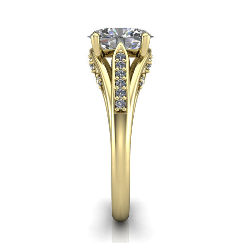 Blakely oval solitaire engagement ring in 18K Yellow Gold, side profile showing the split-shank pave band and filigree scrollwork in side view