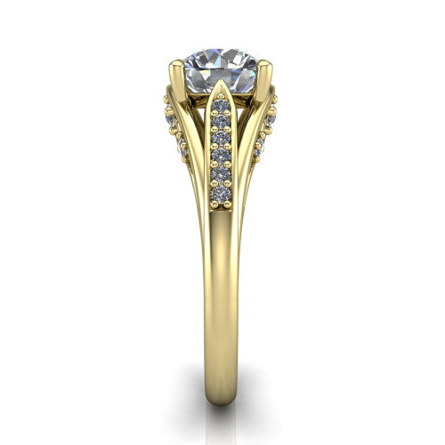 Blakely round solitaire engagement ring in 14K Yellow Gold, side profile showing the split-shank pave band and filigree scrollwork in side view