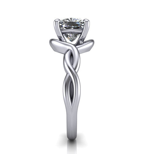 Norah cushion classic engagement ring in 18K White Gold, side profile showing the love-knot shank and polished profile in side view