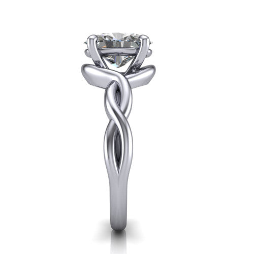 Norah oval classic engagement ring in Platinum, side profile showing the love-knot shank and polished profile in side view