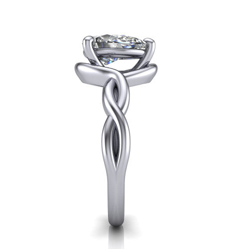 Norah pear classic engagement ring in 18K White Gold, side profile showing the love-knot shank and polished profile in side view
