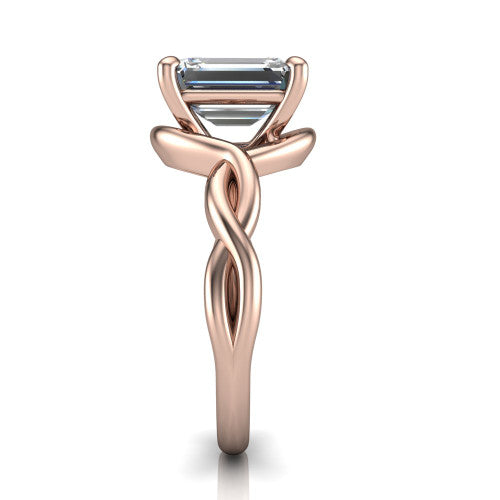 Norah emerald-cut classic engagement ring in 14K Rose Gold, side profile showing the love-knot shank and polished profile in side view