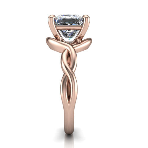Norah princess-cut classic engagement ring in 14K Rose Gold, side profile showing the love-knot shank and polished profile in side view
