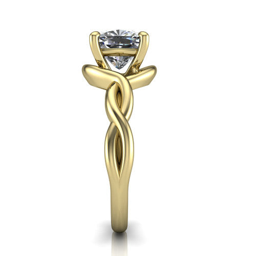 Norah cushion classic engagement ring in 18K Yellow Gold, side profile showing the love-knot shank and polished profile in side view