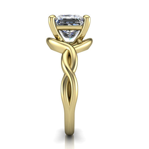Norah princess-cut classic engagement ring in 14K Yellow Gold, side profile showing the love-knot shank and polished profile in side view